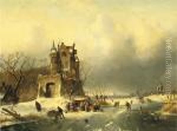 A Cold Winter's Day With A Koek-en-zopie Near A Mansion Oil Painting by Charles Henri Leickert