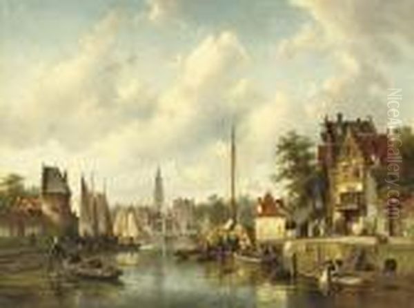 Activities On A Busy Canal In A Sunlit Dutch Town Oil Painting by Charles Henri Leickert