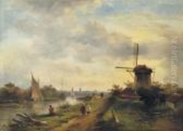 Strolling Through A Dutch River Landscape by Charles Henri Leickert