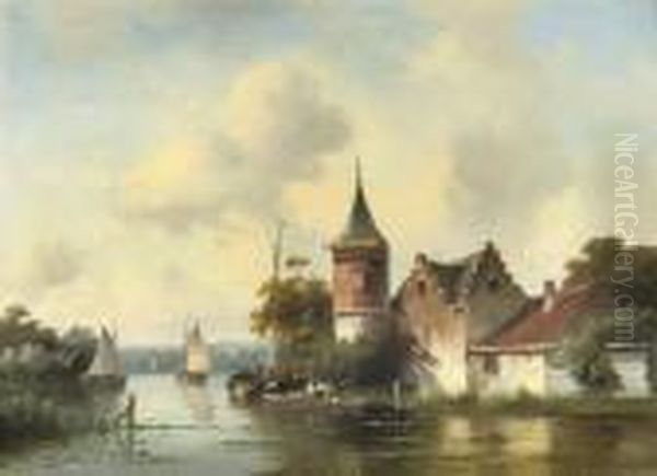 A Dutch River With A Watchtower Oil Painting by Charles Henri Leickert