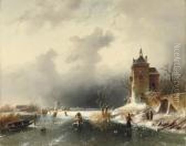 Skaters On A Frozen Waterway Oil Painting by Charles Henri Leickert