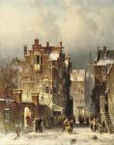 A Busy Day In A Snow-covered Town Oil Painting by Charles Henri Leickert