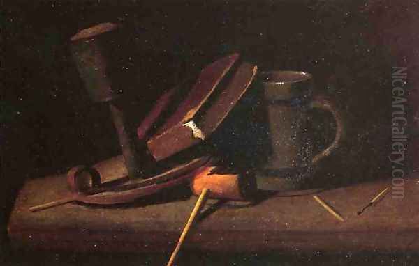 Still Life with Lamp, Pipe, Matches, Book and Mug Oil Painting by John Frederick Peto