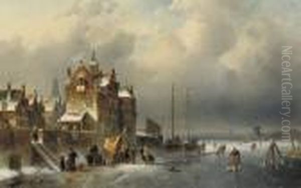 A Koek-en-zopie On A Frozen Waterway Near A Town Oil Painting by Charles Henri Leickert