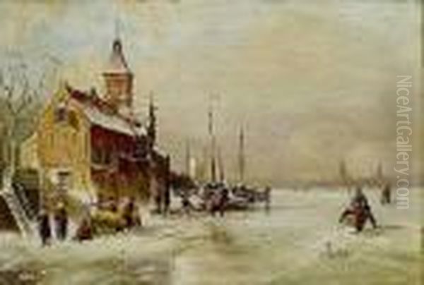 Szene Am Ufer Eines Zugefrorenen Flusses Oil Painting by Charles Henri Leickert