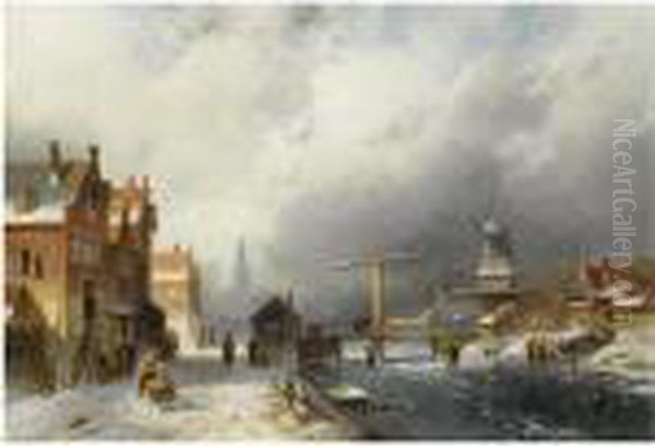 A Wintry Dutch Town With Skaters On A Frozen Canal Oil Painting by Charles Henri Leickert