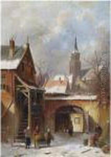 A Towngate In Winter Oil Painting by Charles Henri Leickert