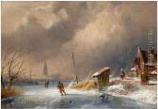 Skaters On A Cold Winter Day Oil Painting by Charles Henri Leickert