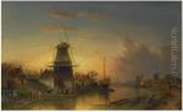 A River Landscape With A Windmill At Dusk Oil Painting by Charles Henri Leickert