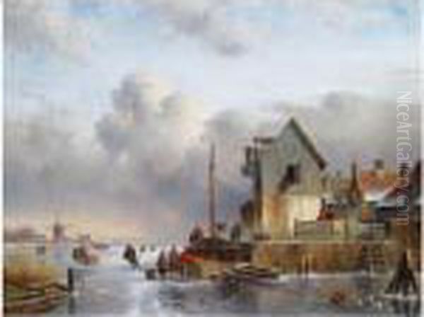 A Winter Landscape With Skaters Near A Quay Oil Painting by Charles Henri Leickert