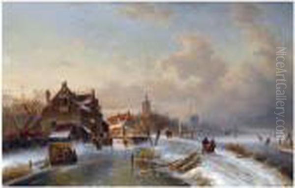 Ice Skaters And A 'koek And Zopie' Near A Wintry Dutch Town Oil Painting by Charles Henri Leickert