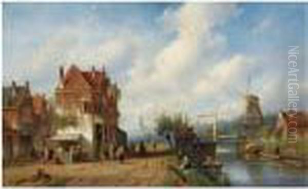 A Busy Town Scene Near A Canal Oil Painting by Charles Henri Leickert