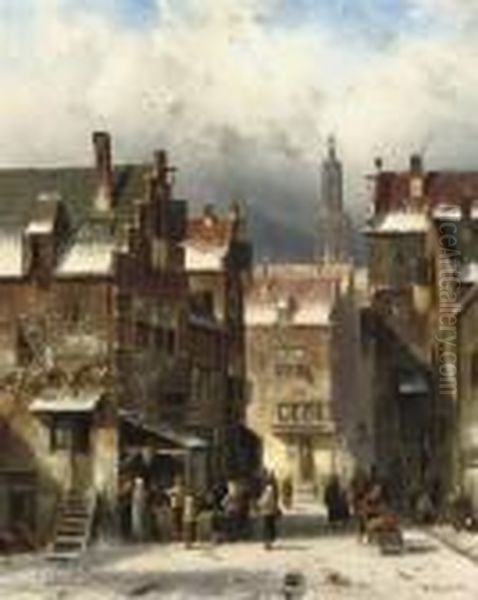 A Busy Street In A Dutch Town In Winter Oil Painting by Charles Henri Leickert