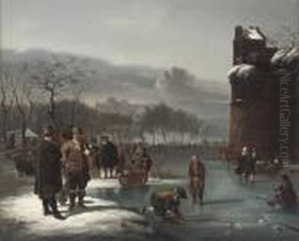 Skaters By The City Walls Oil Painting by Charles Henri Leickert