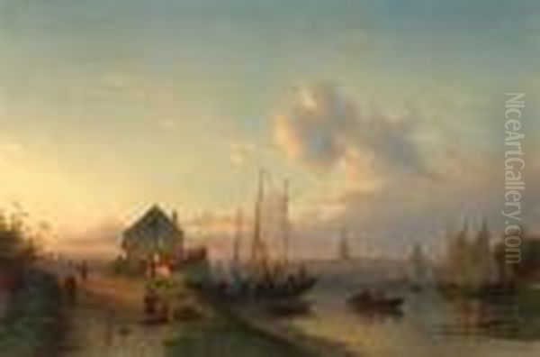 River Landscape With View Of Haarlem Oil Painting by Charles Henri Leickert