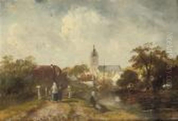 Crossing The White Bridge To Town Oil Painting by Charles Henri Leickert