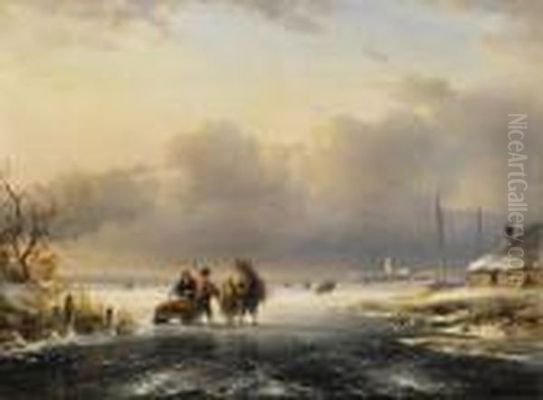 Winterliche Fluslandschaft Mit Schlittschuhlaufern Im Hintergrundstadtansicht. Oil Painting by Charles Henri Leickert