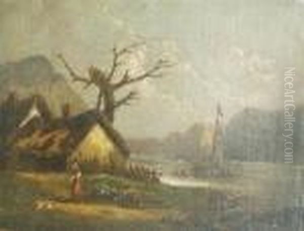 Landscape With A Cottagebeside A River Oil Painting by Charles Henri Leickert