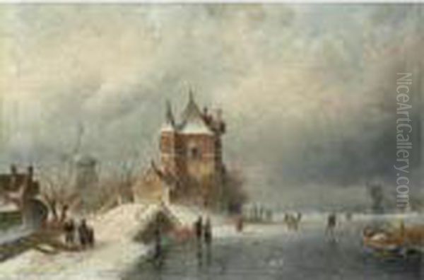 Skaters In Holland Oil Painting by Charles Henri Leickert