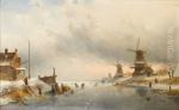 Winter Landscape With Figures On A River By Windmills Oil Painting by Charles Henri Leickert