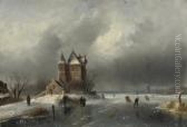 Skaters On A Frozen Waterway By A Mansion Oil Painting by Charles Henri Leickert