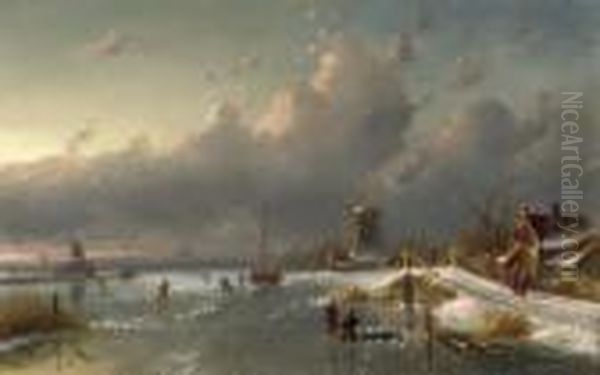 Ice-fishing On A Frozen River At Dawn Oil Painting by Charles Henri Leickert