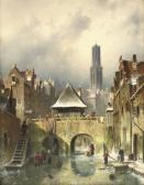 Townspeople On A Frozen Canal Oil Painting by Charles Henri Leickert