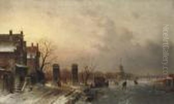 A Frozen Waterway With Skaters On The Ice By A Koek-en-zopie Oil Painting by Charles Henri Leickert