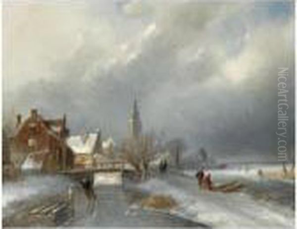 Figures In A Winter Landscape, A Village In The Background Oil Painting by Charles Henri Leickert