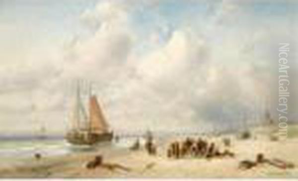 Fisherfolk On The Beach Oil Painting by Charles Henri Leickert