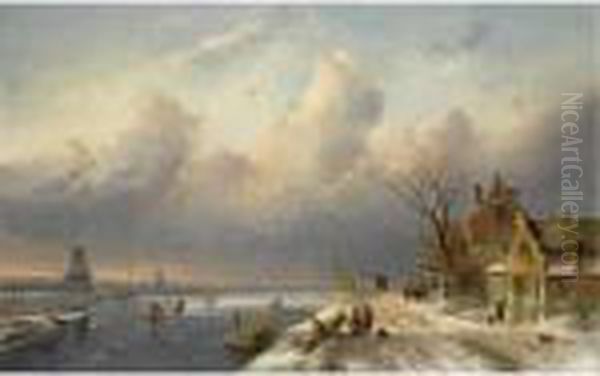 A Winter Landscape With Figures Near A Village Oil Painting by Charles Henri Leickert