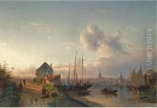 A View Of A Dutch Harbour At Dawn Oil Painting by Charles Henri Leickert