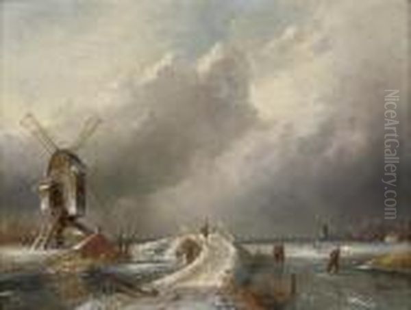 Skaters By A Windmill Oil Painting by Charles Henri Leickert