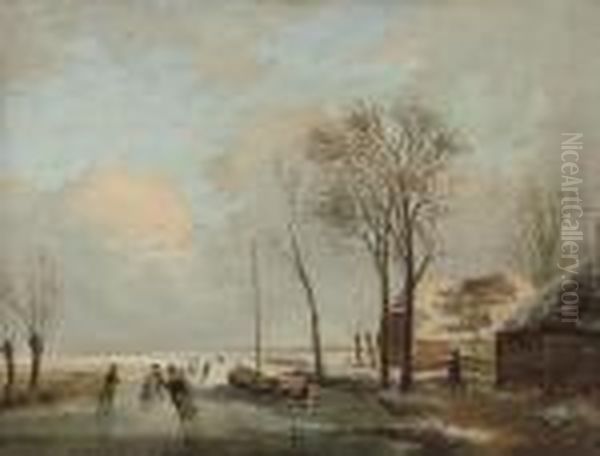 Skaters On A Dutch Waterway Oil Painting by Charles Henri Leickert