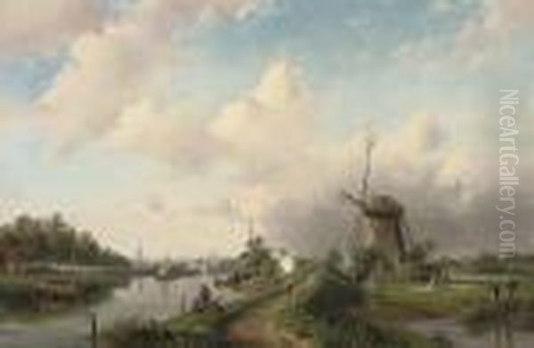 A Summer's Day At A Dutch Windmill Oil Painting by Charles Henri Leickert