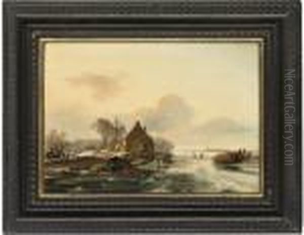 Figures On A Frozen Dutch Waterway Oil Painting by Charles Henri Leickert