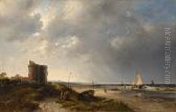 Strandszene Mit Regem Treiben. Oil Painting by Charles Henri Leickert