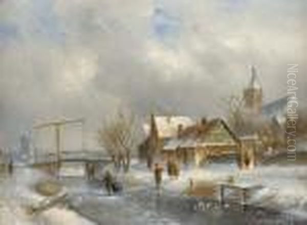 A Snow Covered Landscape With Figures Skating On A Frozencanal Oil Painting by Charles Henri Leickert