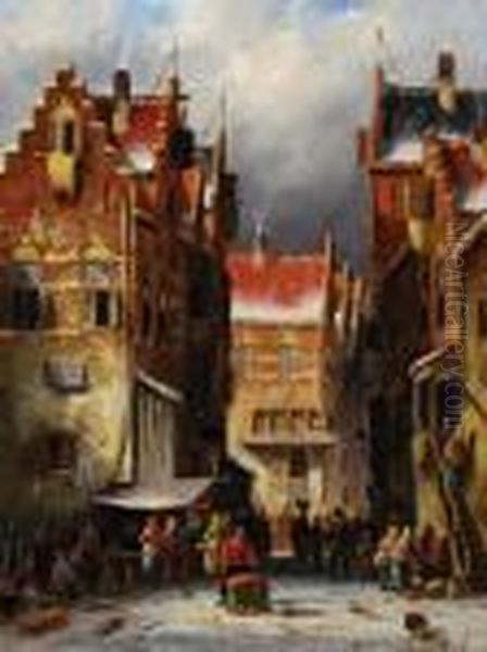 Dutch Street Market In Winter Oil Painting by Charles Henri Leickert