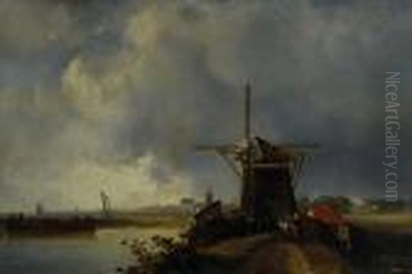 River Landscape With Windmill, Barge And Distant Town Oil Painting by Charles Henri Leickert