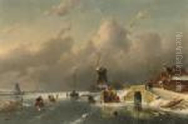 Winterfun On The Ice Oil Painting by Charles Henri Leickert