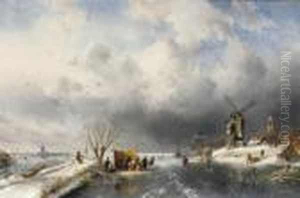 At The 'koek En Zopie' In A Panoramic Winter Landscape Oil Painting by Charles Henri Leickert