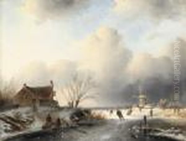 Skaters On A Frozen Waterway Oil Painting by Charles Henri Leickert