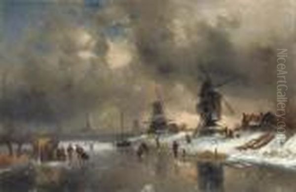 Windmills Along A Frozen Waterway With A 'koek En Zopie' Oil Painting by Charles Henri Leickert