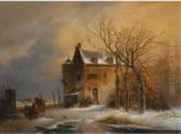 Figures Near A House In A Winter Landscape Oil Painting by Charles Henri Leickert