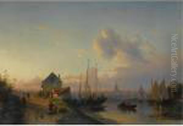 A Riverfront Town At Dusk Oil Painting by Charles Henri Leickert