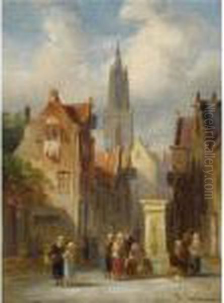 Figures In The Streets Of Utrecht Oil Painting by Charles Henri Leickert