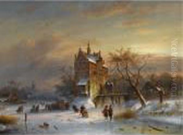 Skaters Near A 'koek En Zopie' , A Castle In The Distance Oil Painting by Charles Henri Leickert