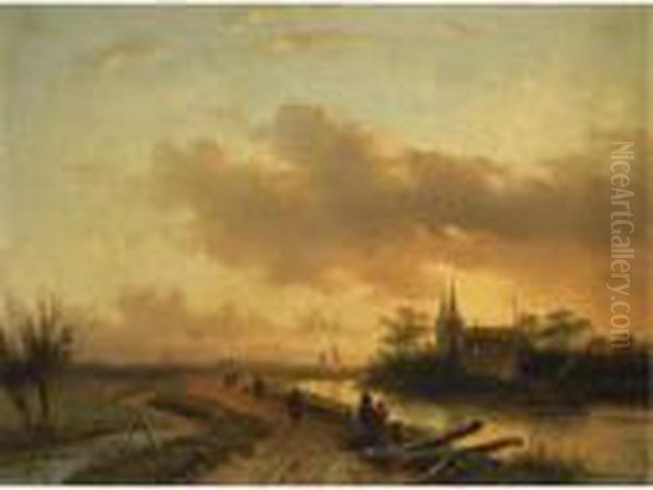 Figures On A Riverbank At Dusk Oil Painting by Charles Henri Leickert