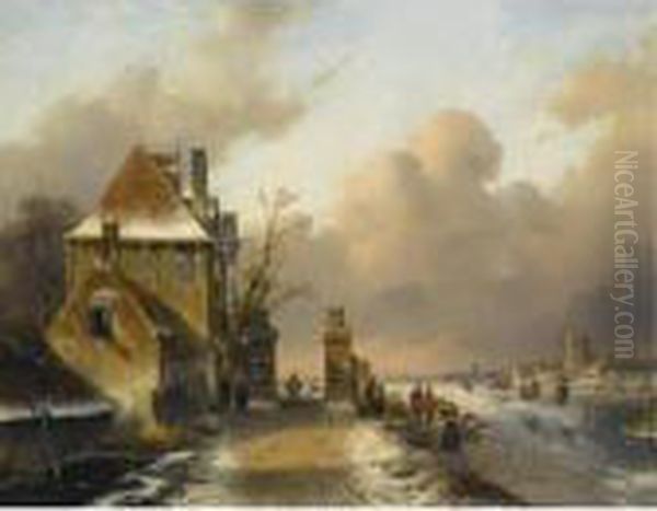 Figures On A Frozen Waterway Oil Painting by Charles Henri Leickert